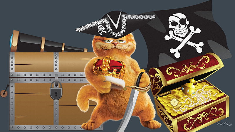 Garfield the Pirate, comics, flaag, cat, tv, pirate, hat, gold, telescope, trunk, garfield, skull, sword, HD wallpaper