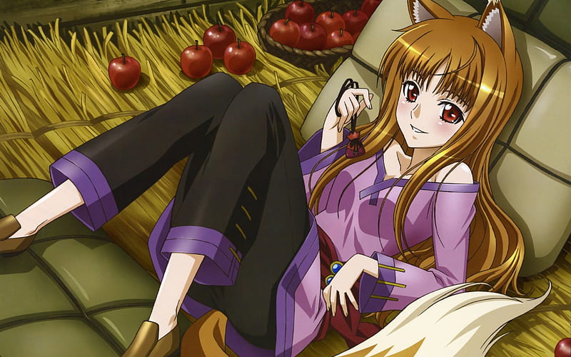Spice and Wolf, anime, apples, manga, the goddess of the harvest, straw, Holo, HD wallpaper
