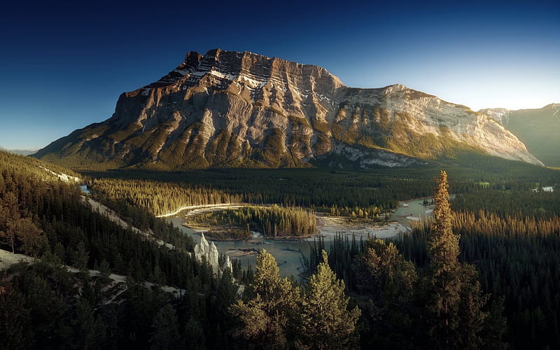Mountains, sunset, forest, Canada, river, mountain landscape, HD wallpaper