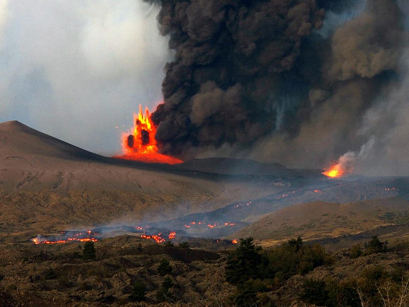volcanic eruption, black ash, hot lava, HD wallpaper