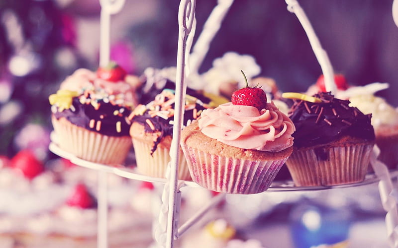 muffins chocolate strawberry sweet-food drinks, HD wallpaper