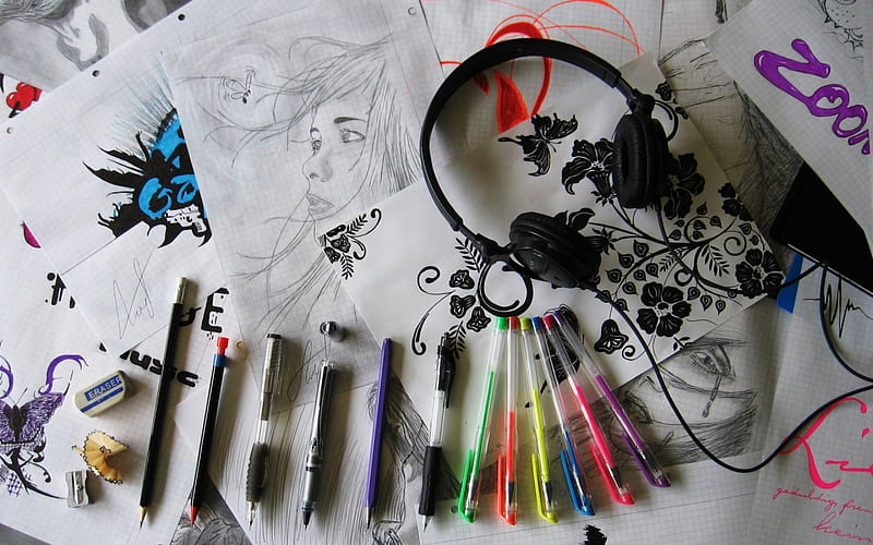 Sketches, sketch, colours, headphone, pencil, HD wallpaper