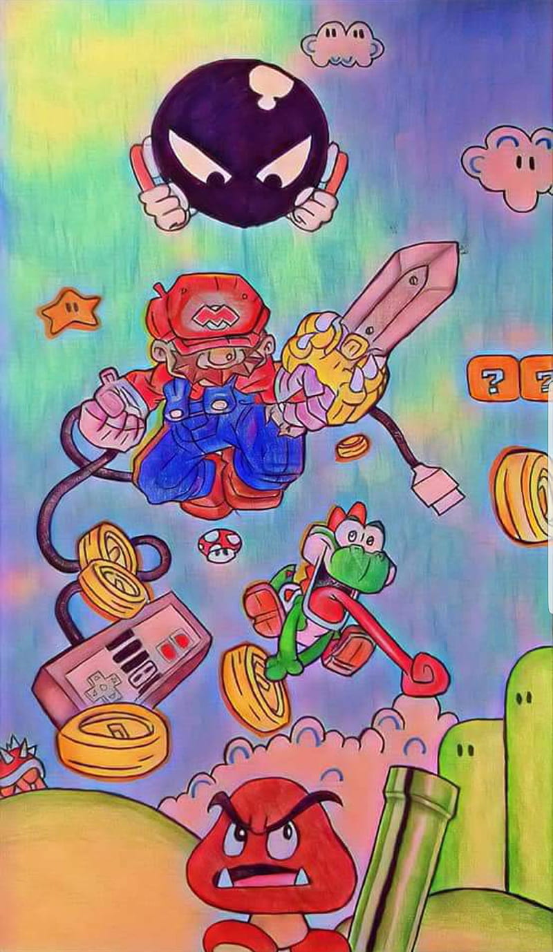 Mario World, adventure, art, cartoon, drawing, family, video games, HD phone wallpaper