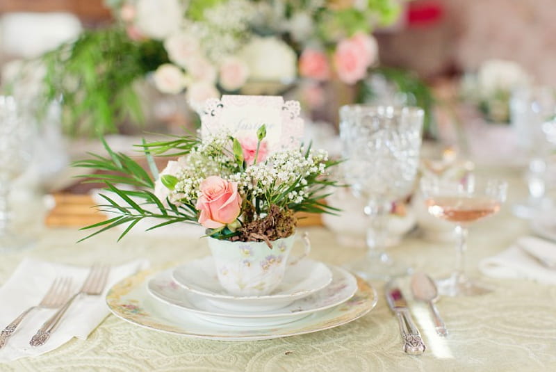 Still life, table, wedding bride, lovely decoration, cup of flowers, tea party, HD wallpaper