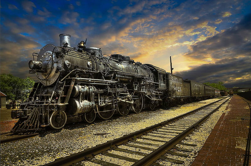 Santa Fe 3423, graph, train, engine, steam, rails, tracks, sky, vintage, HD wallpaper