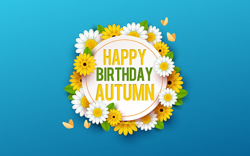 Happy Birtay Autumn Blue Background with Flowers, Autumn, Floral Background, Happy Autumn Birtay, Beautiful Flowers, Autumn Birtay, Blue Birtay Background, HD wallpaper