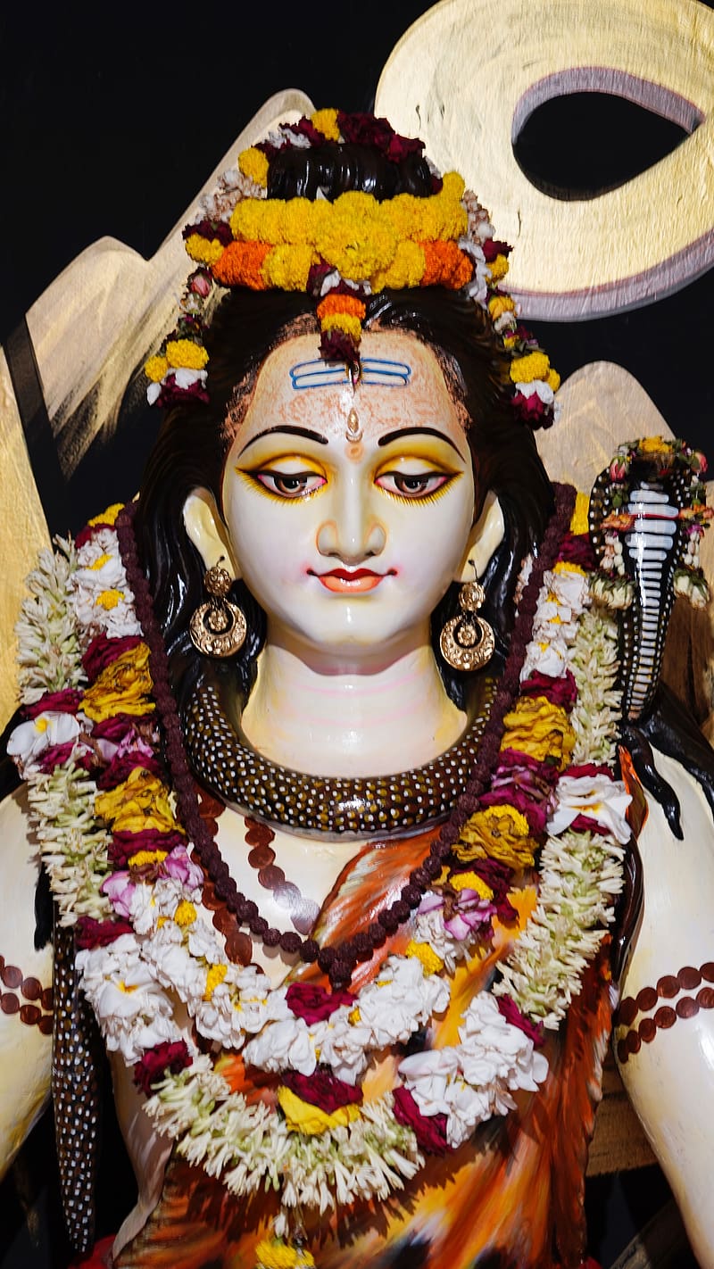 Lord Shiva With Flowers, lord shiva , flowers, statue, mahadev, god, HD phone wallpaper