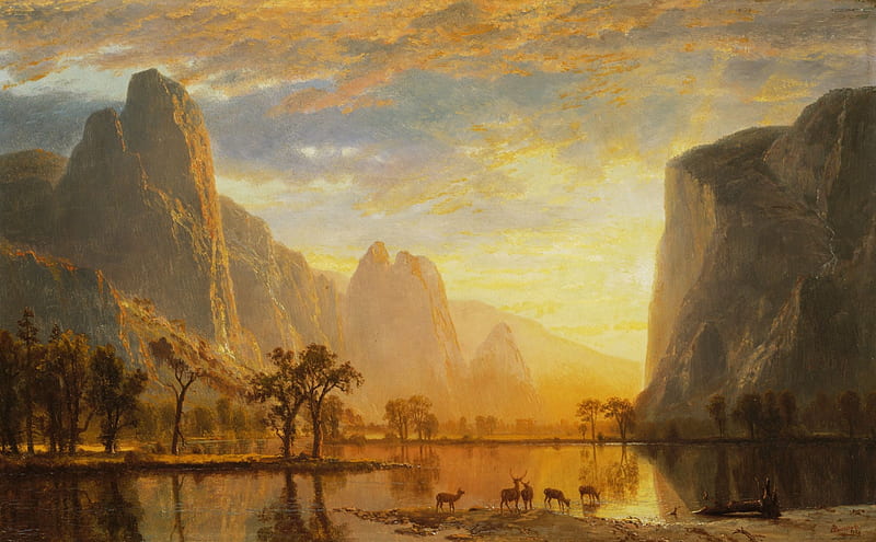 Valley of Yosemite, water, mountains, painting, river, clouds, artwork, deer, HD wallpaper