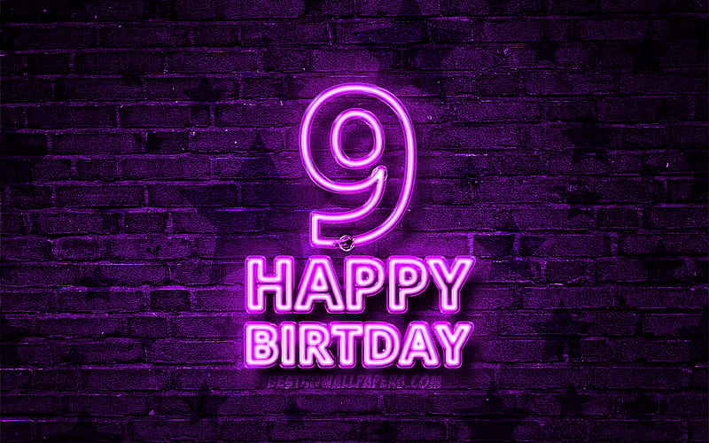 Happy 9 Years Birtay violet neon text, 9th Birtay Party, violet brickwall, Happy 9th birtay, Birtay concept, Birtay Party, 9th Birtay, HD wallpaper