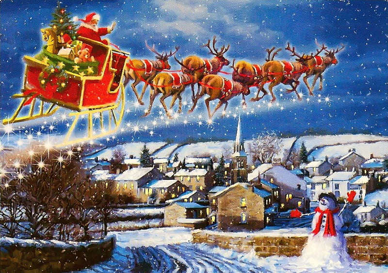 free download  Welcome, Santa!, sleigh, art, christmas, holiday, welcome, houses, sky, snowman 