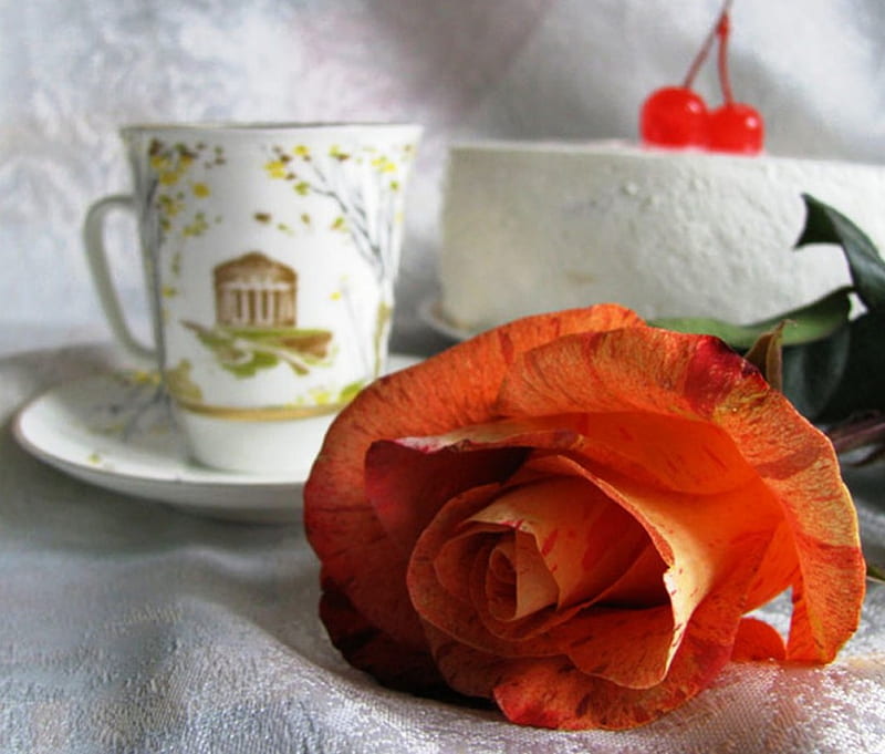 Rose and cup , cake, red, orange, rose, fruits, tea, rose bicolor cup, flower, nature, bicolored, white, porcelain, HD wallpaper