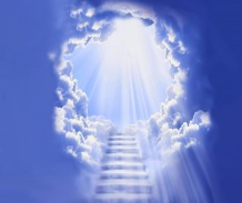 Passage to heaven, colorful, dead, cloud, lovely, bonito, magic, stair, splendor, heaven, stairway, god, light, blue, HD wallpaper