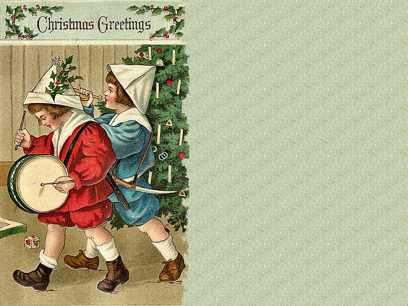 Christmas Greetings F1, art, christmas, victorian, drummer, children, artwork, greetings, painting, vintage, HD wallpaper