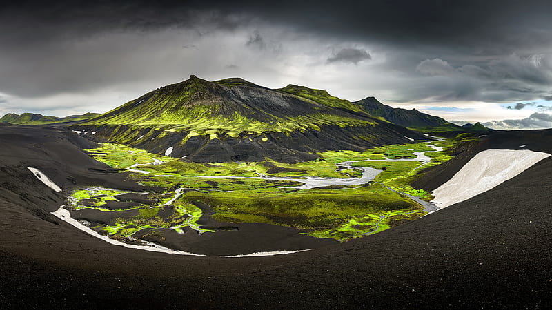 Landscape View Of Green And Black Covered Mountain In Iceland Under Black And White Cloudy Sky Nature, HD wallpaper