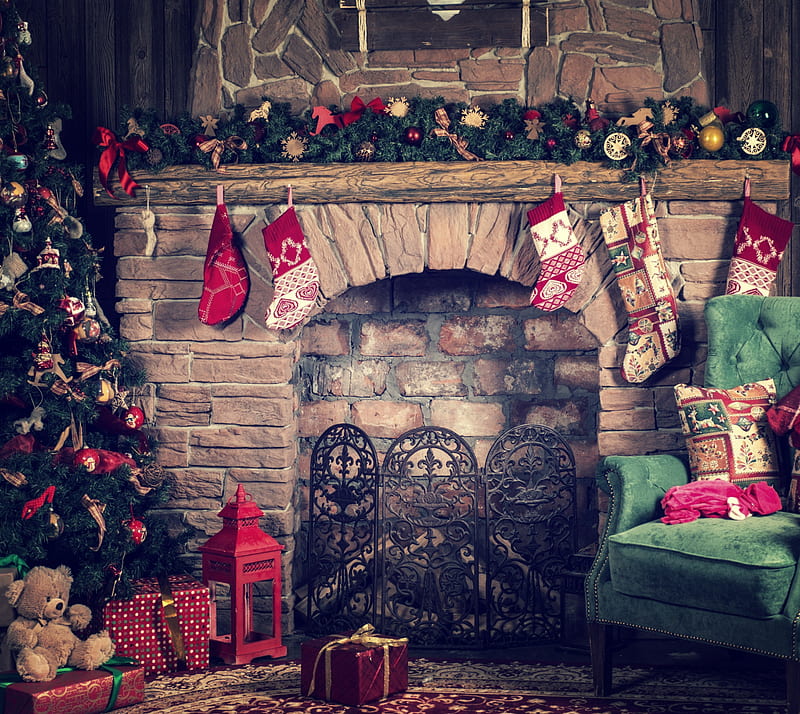 Christmas decoration, christmas decorations, christmas tree, fireplace, HD wallpaper
