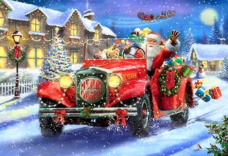 SANTA'S GIFT, villages, moons, Christmas, holidays, Christmas Tree, love four seasons, attractions in dreams, santa claus, xmas and new year, winter, red car, snow, winter holidays, gifts, HD wallpaper