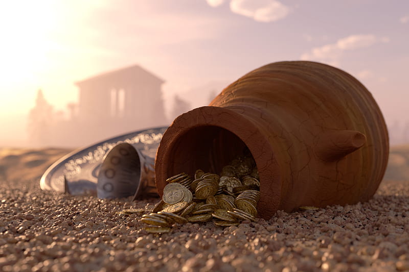 Gold Treasure, money, ancient city, pebbles, blur, pitcher, coins, silver, sand, gold tray, clay, hidden, HD wallpaper