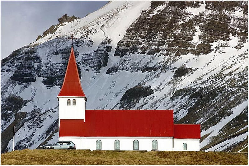 Red Church, red, cool, mountains, church, HD wallpaper