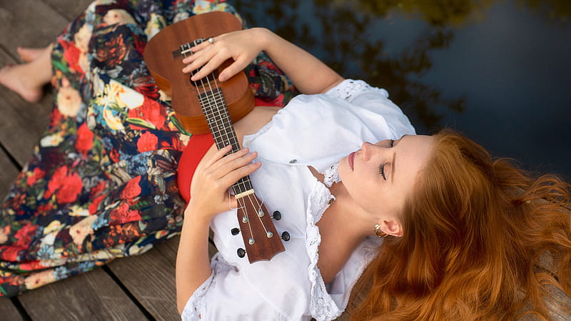 Redhead Ukulele Woman Girl Model With Guitar Instrument Is Lying Down On Boat Wearing White Top And Colorful Skirt Girls, HD wallpaper