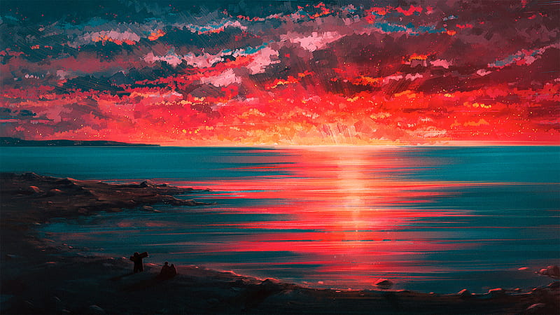 sunset reflection, ocean, horizon, artwork, Landscape, HD wallpaper
