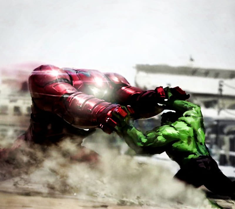 Hulkbuster vs Hulk, cartoon, comics, dc, drawn, hollywood, marvel, superheroes, HD wallpaper