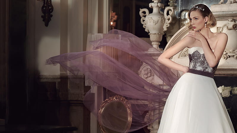 Celine in Tulle, model, gown, pose, black, diamonds, 2013, purple, chair, pearls, fashion, tulle, cream, Alessandra Rinaudo, HD wallpaper