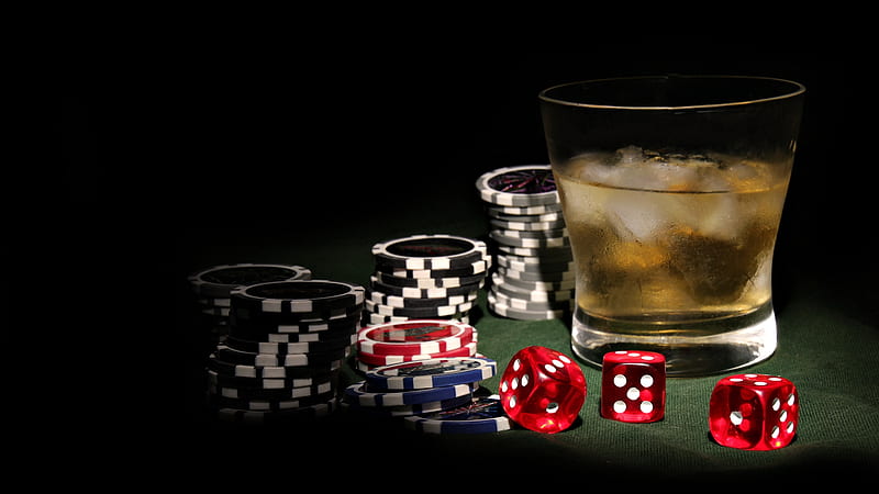 Casino, glass, 3d, ice cube, chips, drink, dice, abstract, HD wallpaper