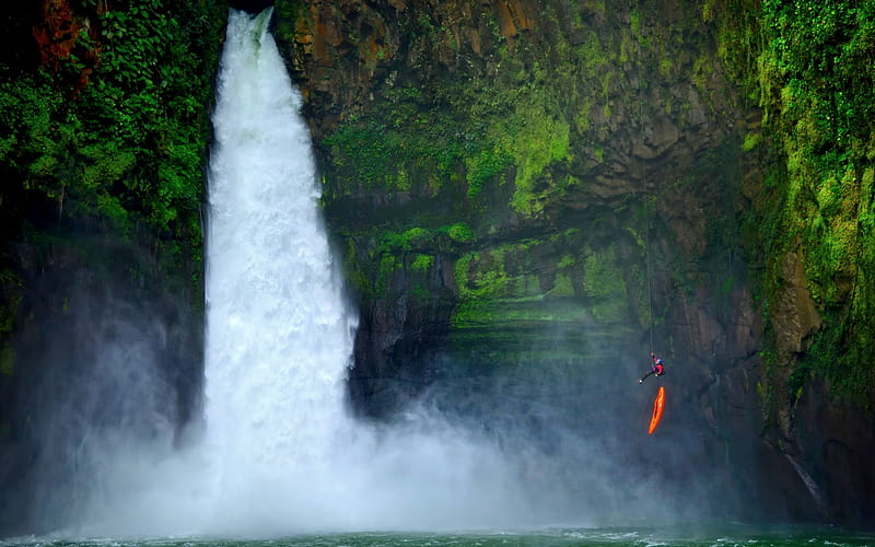 EXTREAM 'JUMP' STUNT, rappels, man, waterfalls, alseseca river, HD wallpaper