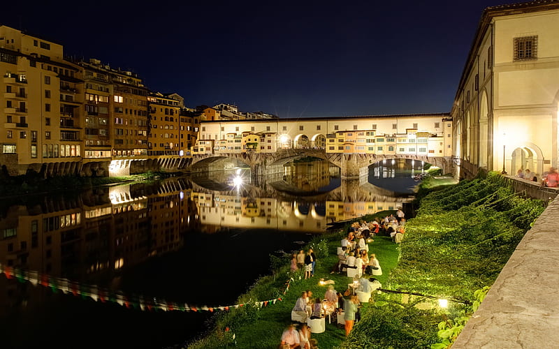 Ponte Vecchio, Italia, house, Italy, houses, lights, Florence, splendor, bridge, nature, river, reflection, night, HD wallpaper