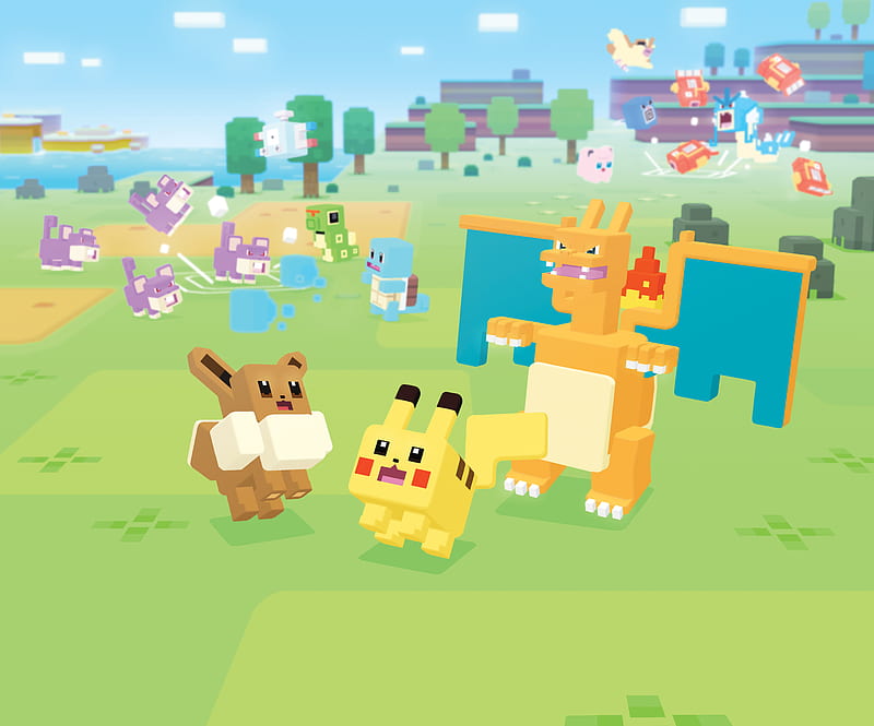Pokemon Quest, charizard, cube, eevee, freak, game, game freak, minecraft, pikachu, HD wallpaper