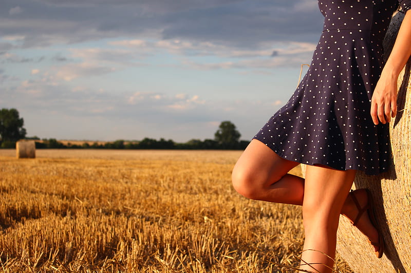 Girl Standing In A Field Wearing Polka Dot Dress, girls, field, graphy, dress, HD wallpaper