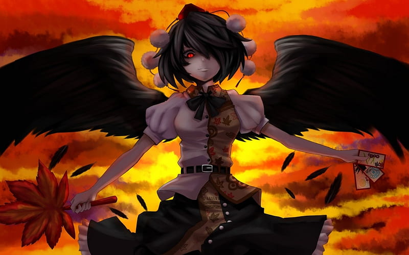 Touhou, Angry, bonito, Crazy, Mad, Awesome, Mean, Wings, Sky, Sexy, Black Hair, Flying, Amazing, Magic, Short Hair, Brown Hair, Clouds, Aya, Magical, Black Wings, Pretty, Anime, Red Eyes, Manga, dark, Gorgeous, Hat, Emotional, Lovely, Serious, Creepy, Medium Hair, Scary, Shameimaru, Anime Girl, HD wallpaper