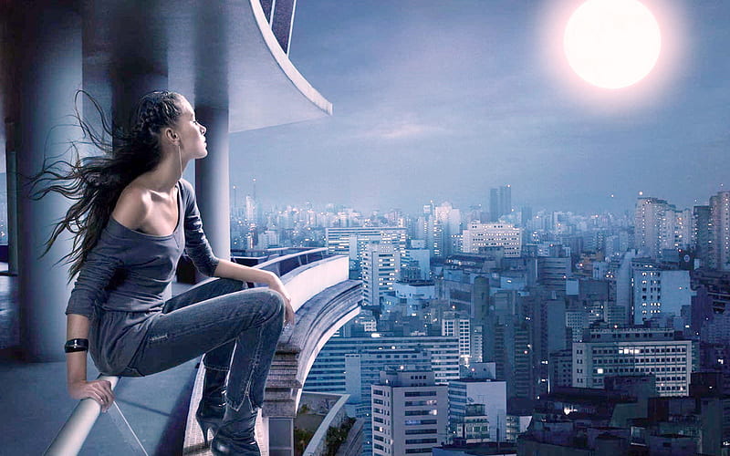 Captivate for the moon, moon, city, girl, captivate, lights, terrace, skyscrapers, HD wallpaper