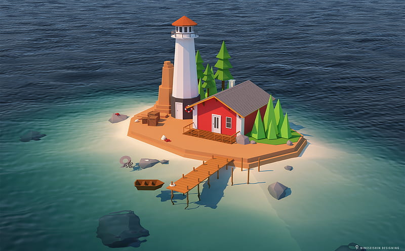 Small island Ultra, Artistic, 3D, Lighthouse, desenho, minimalist, island, 3dsmax, lowpoly, ocean, beach, HD wallpaper