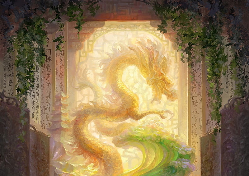 Dragon, art, fantasy, hrfleur, green, yellow, papaya, HD wallpaper