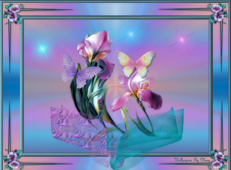 Pastel Irises, butterfly, flowers, irises, butterflies, iris, HD wallpaper