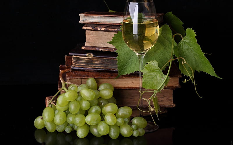 Wine, books, drinks, green grape, book, old, old book, grape, grapes, green, old books, drink, HD wallpaper