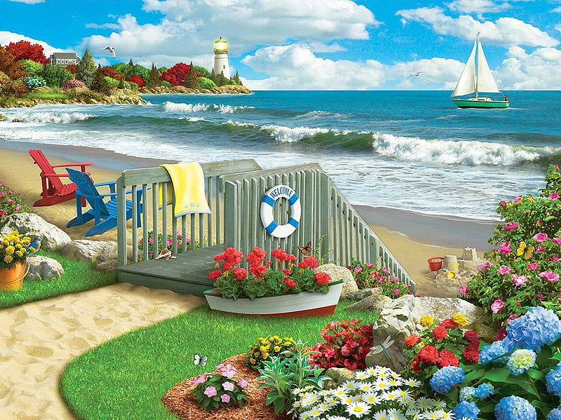 Coastal Getaway, flowers, chairs, clouds, sky, sailboat, lighthouse, sea, artwork, beach, digital, HD wallpaper