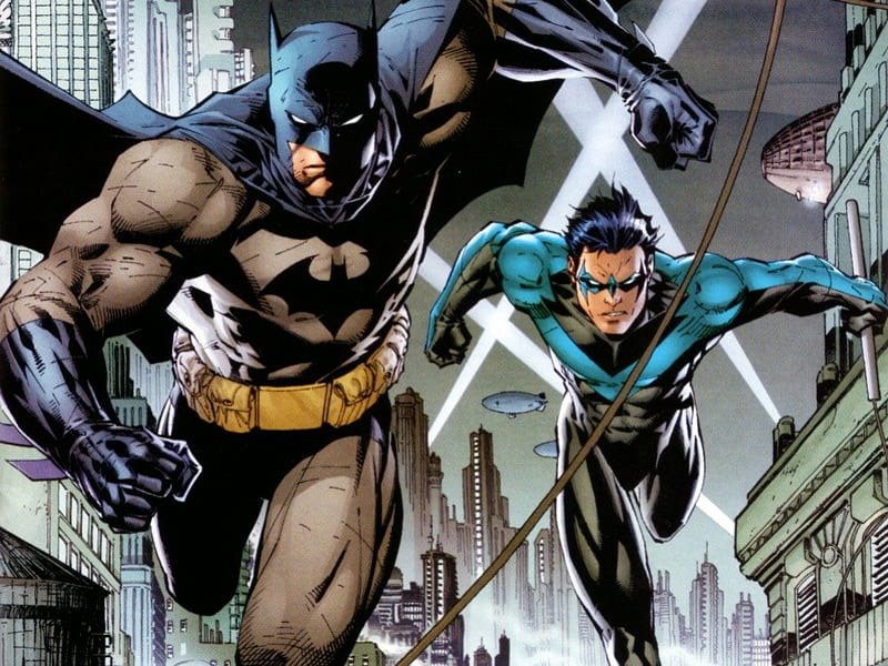 Batman and Nightwing, dick, greyson, nightwing, grayson, robin, bruce, comics, batman, dc, wayne, comic, HD wallpaper