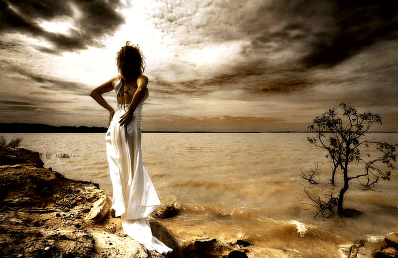Looking after you, rocks, tree, white dress, clouds, sky, woman, sea, HD wallpaper