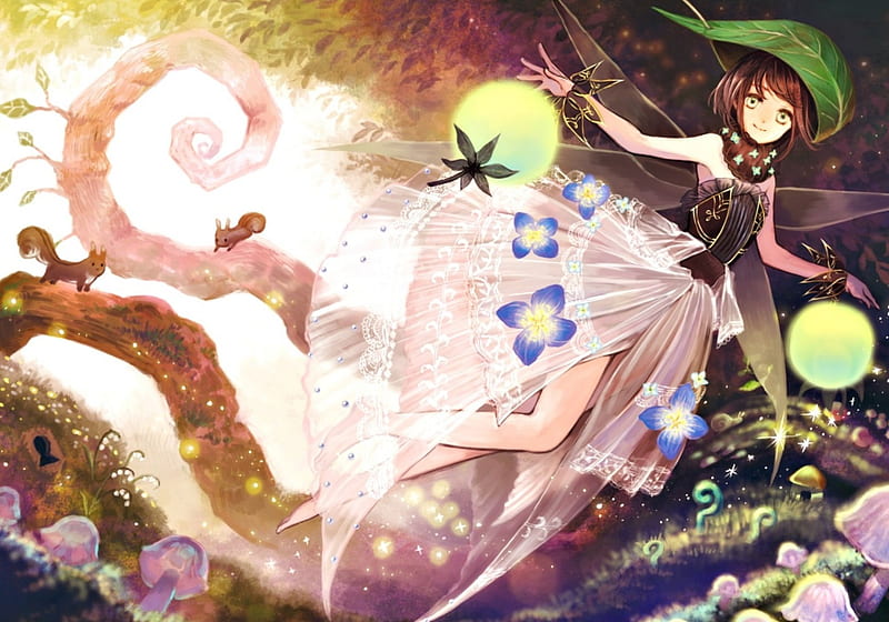 Fairy, art, wings, luminos, manga, sugi, dandelion, girl, green, anime, flower, HD wallpaper