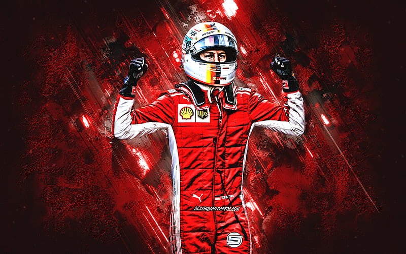 Sebastian Vettel, german race car driver, F1 Driver, Scuderia Ferrari, portrait, red stone background, Formula 1, racers, HD wallpaper