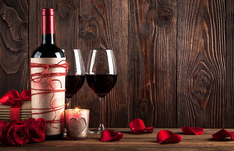 Holiday, Valentine's Day, Candle, Flower, Glass, Petal, Still Life, Wine, HD wallpaper