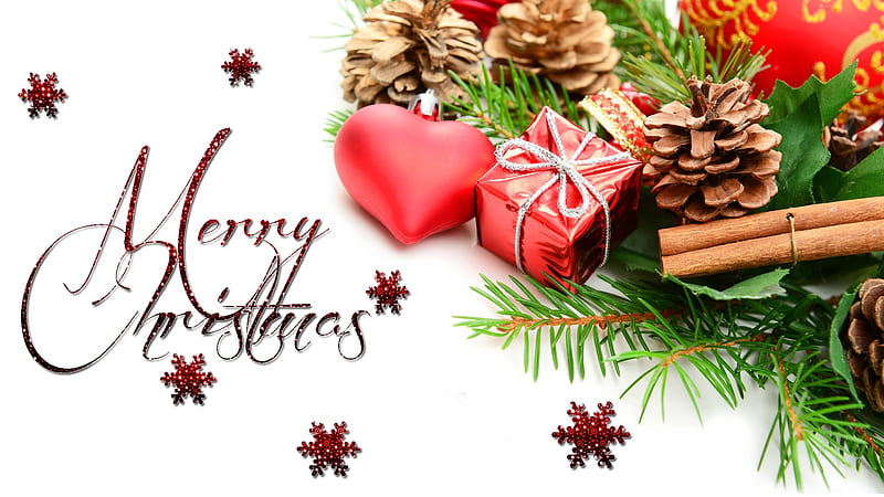 Holiday Joy, Christmas, Feliz Navidad, New Year, shine, packages, corazones, sparkle, pine cones, pine, cinnamon sticks, gifts, snow flakes, HD wallpaper