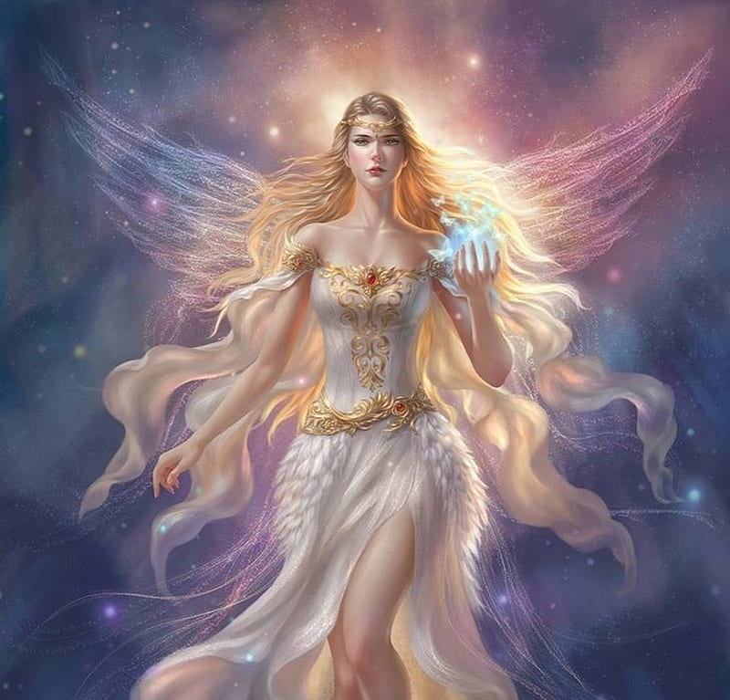 Angel of light, fantasy, frumusete, crystalrain272, girl, luminos, angel, pink, blue, wings, HD wallpaper