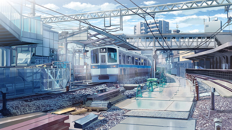 anime train station, sunlight, industrial city, construction, Anime, HD wallpaper