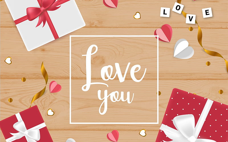 I love you, art, gifts, Valentines Day, love concepts, wood background, corazones, HD wallpaper