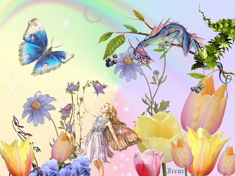 Spring Magic, fantasy, butterfly, flowers, dragon, fairy, other, HD wallpaper