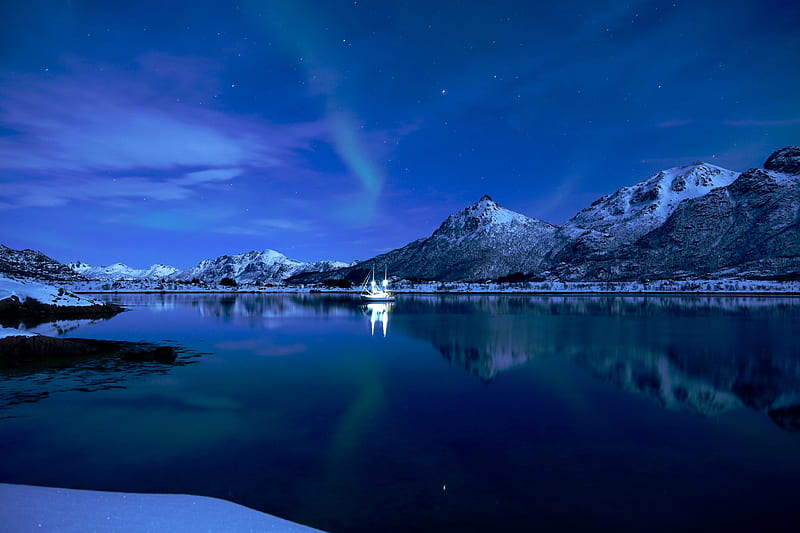 mountains, lake, boat, ice, sunset, starry sky, HD wallpaper