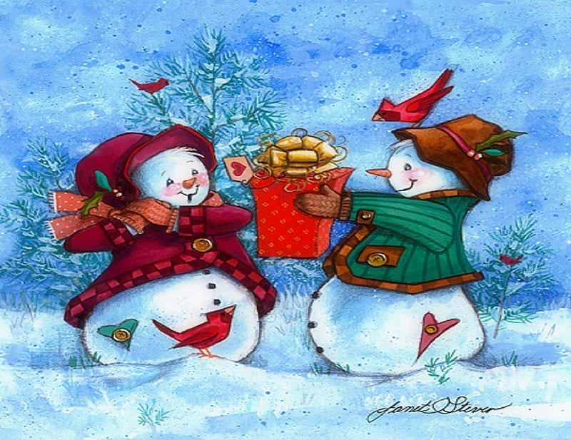 ★Special Gift for You★, scarves, adorable, seasons, xmas and new year, greetings, sweet, be loved, paintings, gloves, love, drawings, red box, traditional art, couple, snowmen, hats, lovely, cardinal birds, christmas, love four seasons, festivals, corazones, cute, snow, winter holidays, weird things people wear, gifts, celebrations, HD wallpaper